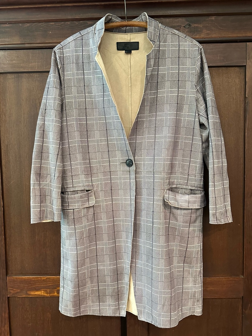 Blank NYC • women’s long jacket • pockets • single button in front